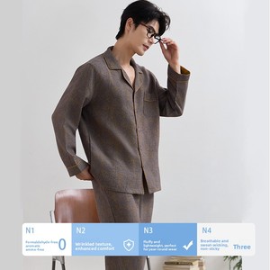 Ensemble de pyjama pour homme en gaze double couche teinte en fil 100% coton, uni, minimaliste, respirant, manches longues, printemps/<span class=keywords><strong>automne</strong></span>/été - Product Image 2