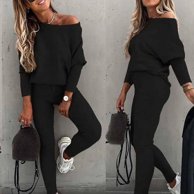 Women Casual Tracksuit Off Shoulder Solid Pullover Top Long Pants Sports Suit Female Knitting Sportswear Suit Women