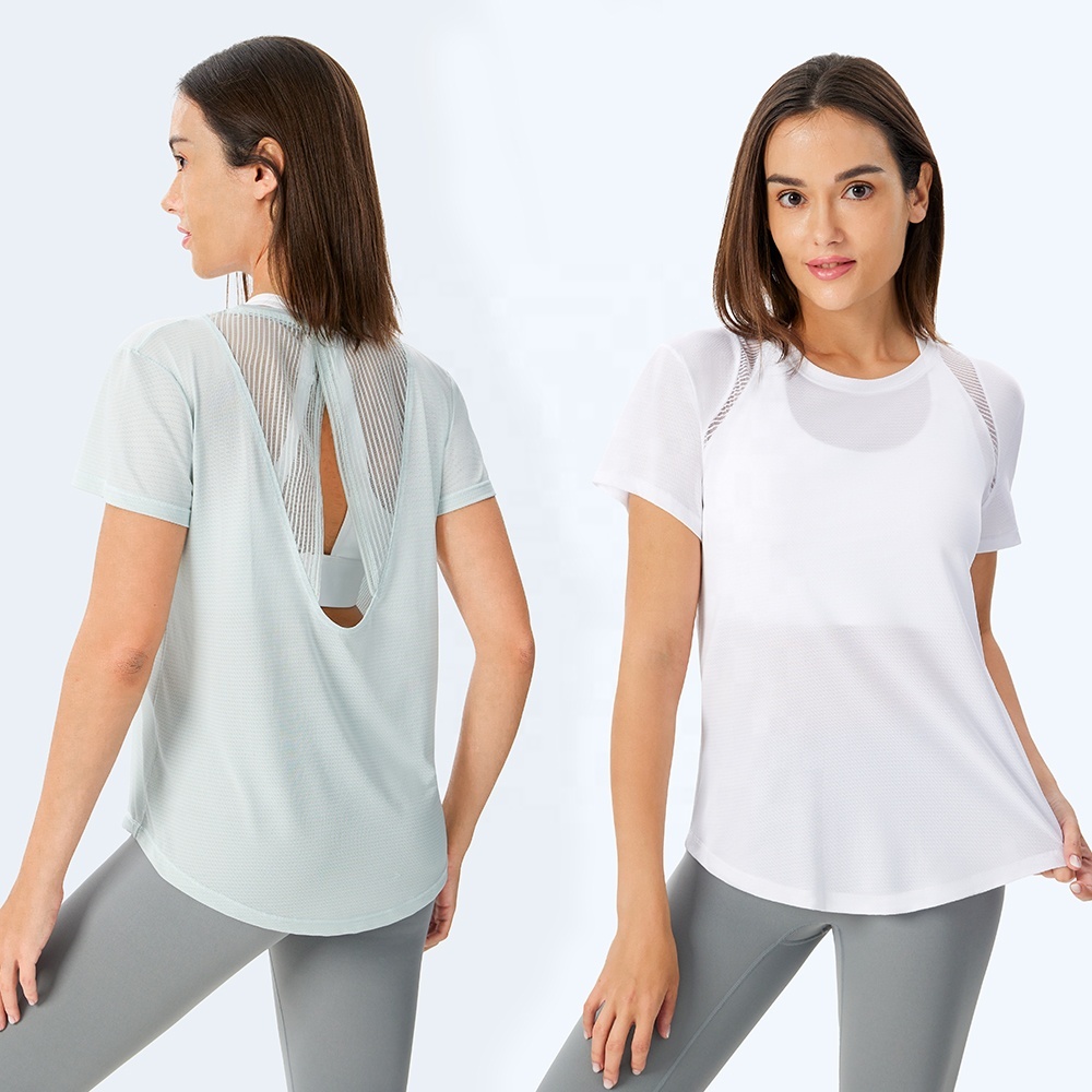 Four-side Stretch Mesh Back Moisture Wicking Breathable Cool Feeling Short-sleeved Yoga T-shirt Sports Fitness Quick Dry Clothes