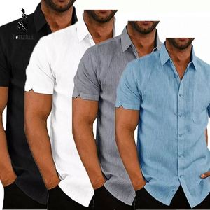 Chemises décontractées <span class=keywords><strong>de</strong></span> luxe pour hommes à manches courtes et col rabattu, en lin ample, avec poche poitrine, coloris noir, blanc, gris, bleu - Product Image 3