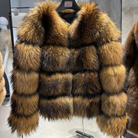 Chaqueta Corta de Piel de Mapache Genuina Marrón Natural para Mujer, con Gancho Oculto, Abrigo de Invierno de Piel Real y Esponjosa