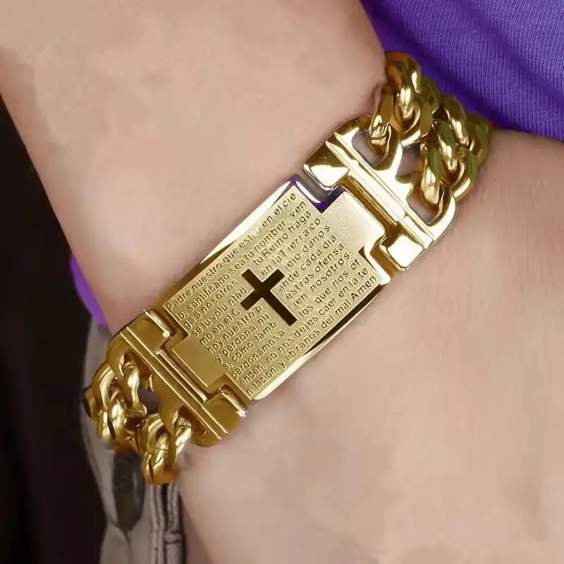 Hip Hop Punk hommes croix Double rangée Denim chaîne titane acier chrétien bijoux religieux Bible acier inoxydable croix Bracelet