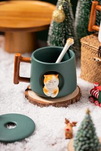 Taza de cerámica 3D para gatos con tapa y cuchara, perfecta para café, té, leche y más, regalo Ideal para amantes de los animales, 14 onzas (verde) - Product Image 6