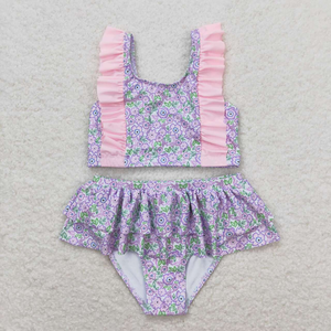 Maillots de bain d'été en gros pour petites filles, imprimé floral, sans manches, à volants, pour enfants - Product Image 2