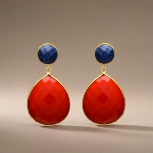 New Arrival Lapis Lazuli <b>Red</b> Onyx Gemstone Tear Drop Gold Dangle <b>Earrings</b> Ethnic Wedding - Product Image 2