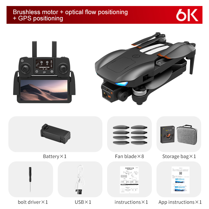 AE8 Pro Max Drone, Brushless motor + optical flow positioning GPS positioning 6K BatteryXl Fan bladeXl USB