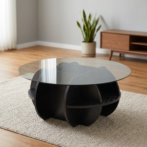 Modern Round Coffee <b>Table</b> With Tempered Glass Top <b>Resin</b> Base Storage Living Room Furniture - Product Image 4