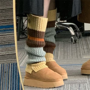 Women's Color-Blocked Knit Slouch <b>Socks</b> With Button Detail For Autumn Winter Warmth Four Seasons Wear - Product Image 1