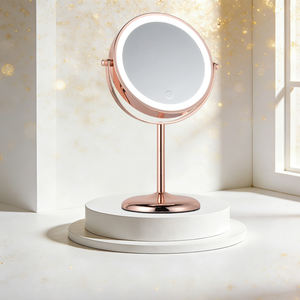 Op maat gemaakte LED bruine ronde staande tafelspiegel met LED-verlichting, ronde slaapkamerspiegel met vergroting, dubbelzijdige make-upspiegel - Product Image 2