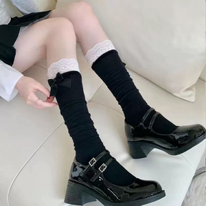 Medias <span class=keywords><strong>de</strong></span> pantorrilla negras con ribete <span class=keywords><strong>de</strong></span> encaje, lazo lateral, calcetines agrupados blancos, estilo colegiala japonesa, media pantorrilla dulce, verano fino con <span class=keywords><strong>Academia</strong></span> - Product Image 5