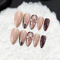 24 faux ongles en acrylique faits à la main, forme amande, couvrance totale, design circulaire 3D, luxe, motif écaille de tortue Maillard