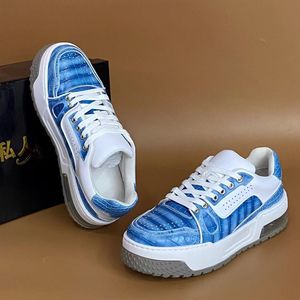 Baskets plateforme pour homme en cuir de crocodile 100% bleu, lacets blancs, chaussures décontractées épaisses, confort toute saison - Product Image 3