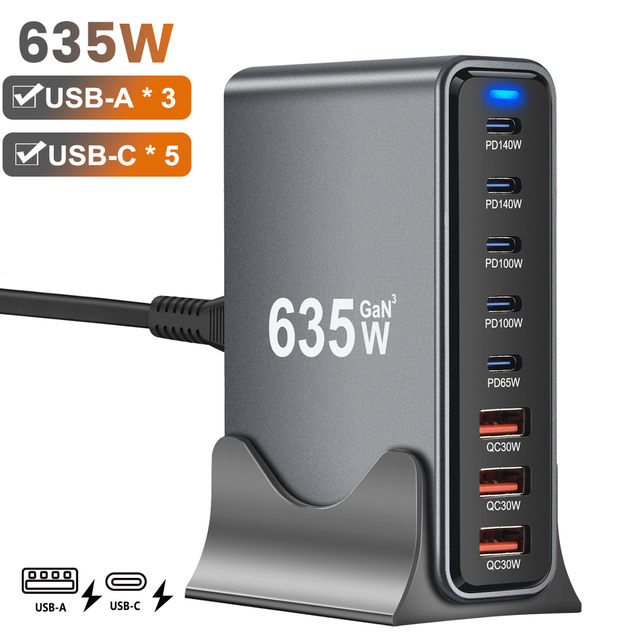 635W USB C Fast Charger 8 Port USB Charging Station GaN Pro Dual 140W PD PPS Port for Multiple Devices Laptop Wall Charger