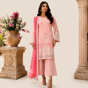 Women's Pink Embroidered Chiffon Kurta Set Bell Sleeve Midi <b>Dress</b> With Dupatta - Product Image 1