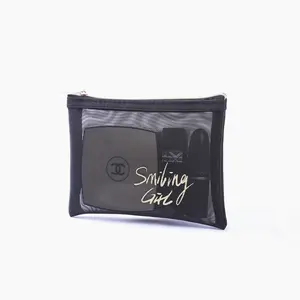 Custom Durable Black Mesh Makeup Bags PP Cosmetic Travel Organizer Bags Mesh Zipper Pouch Pencil Case