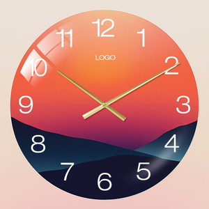 <span class=keywords><strong>Orologio</strong></span> da Parete in Vetro con Logo Personalizzato, Design Montagna al Tramonto, Moderno Rosso Arancione, Silenzioso al Quarzo, Rotondo, per Soggiorno e Arredamento Casa - Product Image 1
