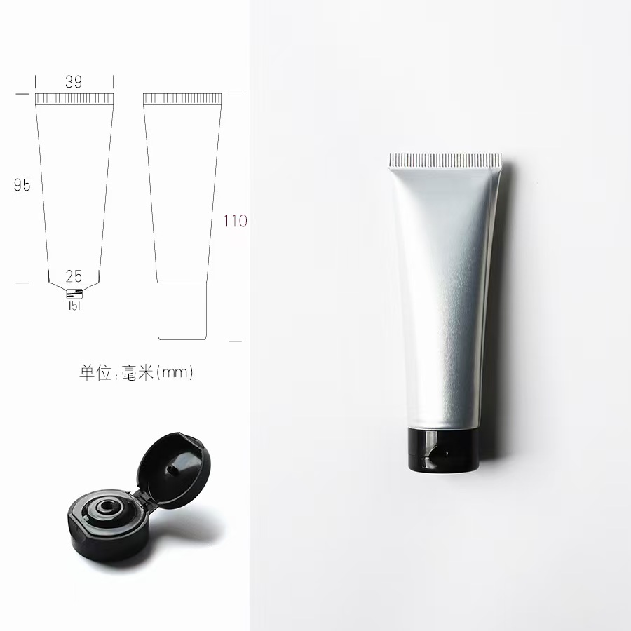 Tube en plastique aluminium argenté + Bouchon à clapet noir