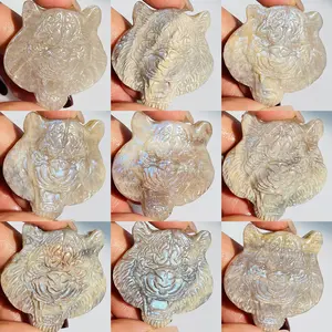 Wholesale Moonstone Tiger Animals Sculpture Crystal Craft Polished Pendants Crystal Carving Blue Flash Tiger For Sale