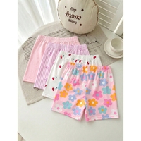 Ensemble 4 pièces style doux rose pâle, motifs macarons et fleurs cerises, basiques unis en tissu doux, leggings courts d'été pour enfants
