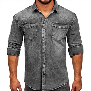 Chemise en jean slim fit extensible pour homme, boutons-pression, double poche, vêtement de travail, exportateurs directs, prix d'usine, vente en gros - Product Image 1