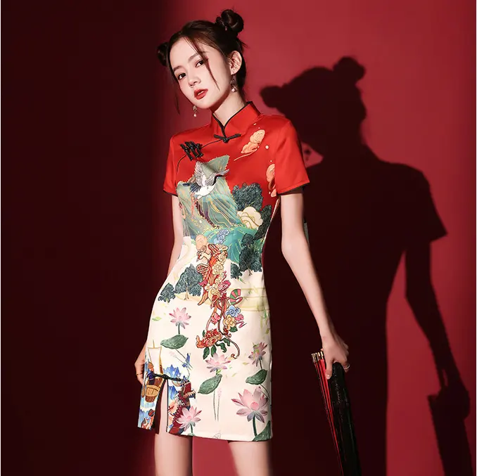 S-XXL short improved red young bridesmaid dress Chinese style women's cheongsam skirt