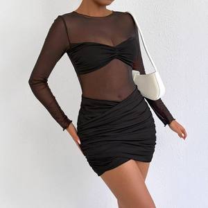 Women's Fashionable Round Neck Long Sleeved Dress Mesh <b>Patchwork</b> Short <b>Skirt</b> Sexy Pleated Hip Hugging Style - Product Image 1
