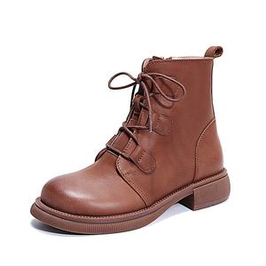 Botas de Mujer para Otoño/Invierno, Estilo Retro Británico, de Cuero Vacuno Genuino, Cómodas, Transpirables, con Cordones y Cierre, Punta Redonda, para Primavera - Product Image 1