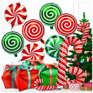 30Pcs Christmas Foil Balloons Large Candy Cane Swirl Mylar Balloon with Ribbons Red Green Birthday Party Decorations