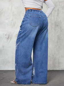 Jean en denim élastique taille haute décontracté pour femme grande taille, coupe large, couleur unie, respirant, écologique, séchage rapide, collection 2025 - Product Image 3