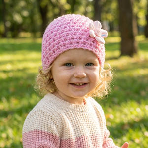 INS Neue Baby Blumenmuster Warme Strickmütze, Dicke Gestrickte Bommelmütze für Babys, Weiche Herbst- und Wintermütze für Mädchen - Product Image 2