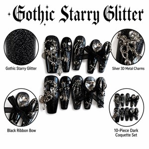 Faux ongles à presser noirs à paillettes, style gothique avec strass, pour manucure spectaculaire, idéaux pour fêtes et cosplay - Product Image 2