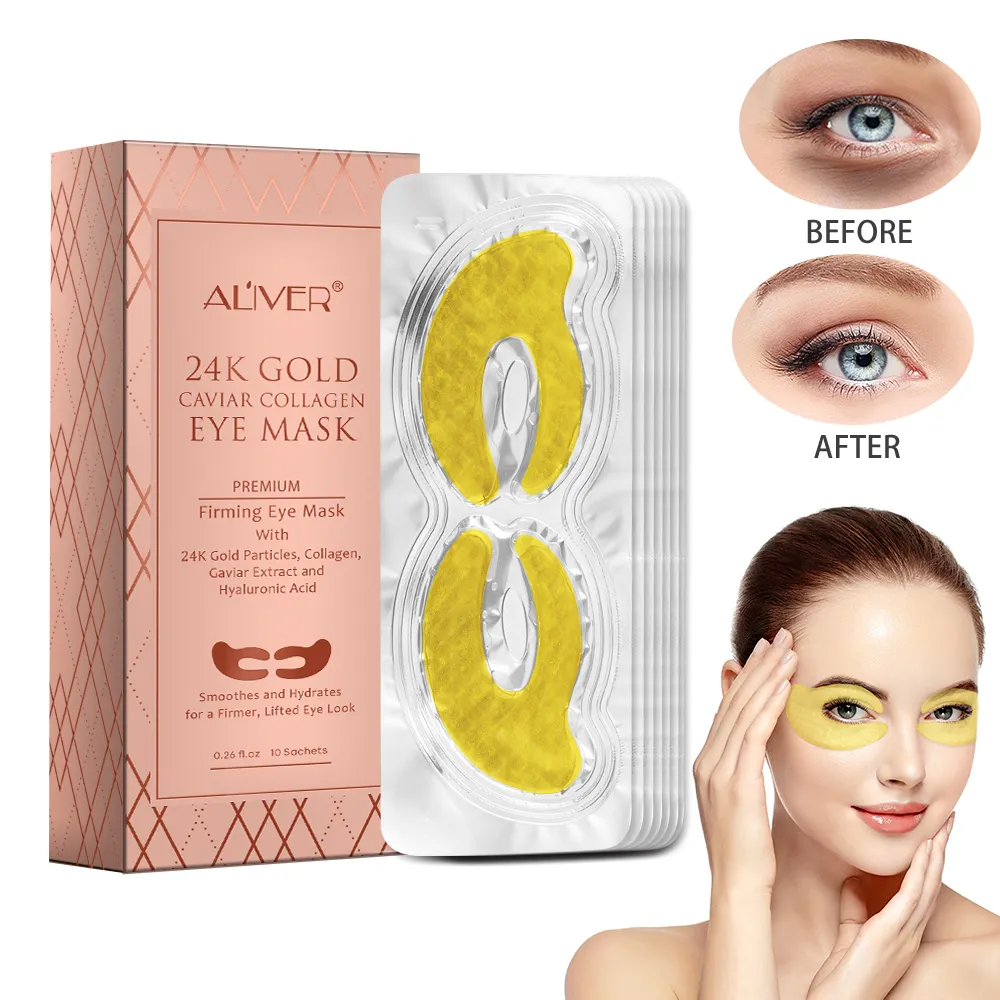 Wholesale 10 Pairs/Box Anti aging Firming Hydrating Hyaluronic Acid Eye Pads 24k Gold Caviar Eye Masks Under Eye Patch with Coll
