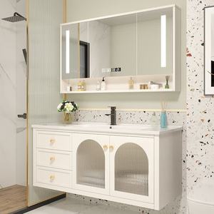 <b>Wall</b>-Mounted White Bathroom Vanity Unit With Gold Handles Arched LED <b>Mirror</b> Cabinet - Product Image 2