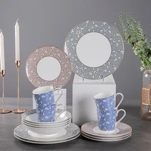 Perlengkapan makan keramik, Set 16 buah/Set HoReCa Floral Decal mewah Modern piring keramik Set peralatan makan tulang keramik cina