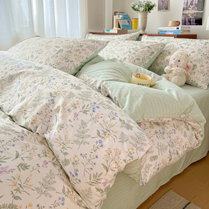 100% Jet-Spun Cotton Blue Orange Rose Floral Bedding Set 4Pcs, Reversible Light Blue Solid <strong>Duvet</strong> Cover Set - Product Image 2