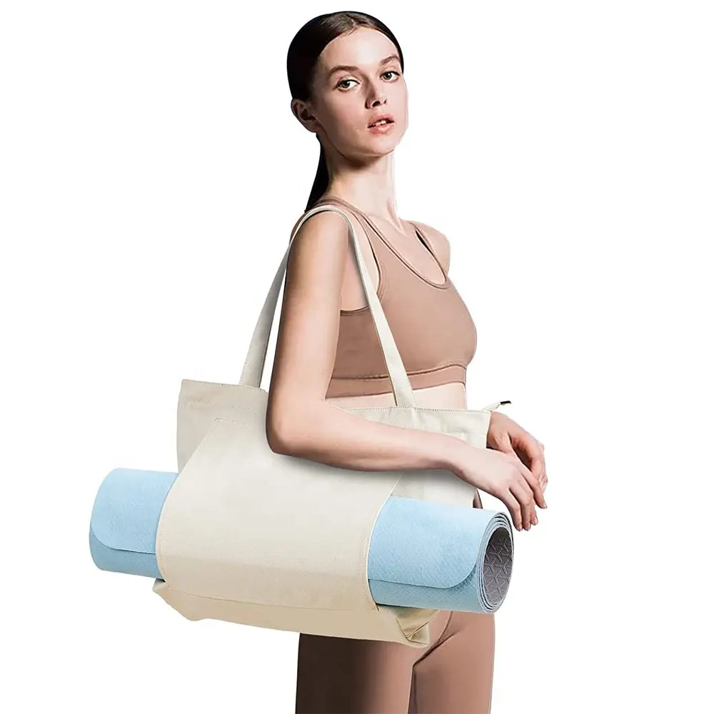 2023 trendy eco friendly shopping bag canvas yoga mat cloth tote bag with pockets and zipper custom logo beach towel bag