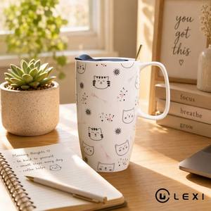 Mug à café en céramique Kawaii avec couvercle <span class=keywords><strong>et</strong></span> cuillère, motif visage de chat rose <span class=keywords><strong>et</strong></span> noir, tasse de voyage en porcelaine pour la maison, le bureau ou comme cadeau - Product Image 1