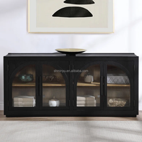 Console de salon 70 ''en bois de chêne américain Style bois massif Armoire à 4 portes en verre avec rotin pour buffet multimédia domestique