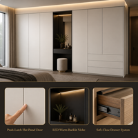 Armoire sur mesure intégrée au sol et au plafond, blanc mat, avec système de fermeture à poussoir, niche de vanité noire intégrée, éclairage LED, sur mesure pour toute la maison, OEM