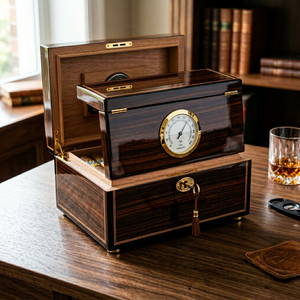 Humidor para Cigarros de Madera de Cedro Español Hecho a Mano con Tapa de Vidrio, Higrómetro Externo y Acabado Brillante - Regalo Premium para Hombres - Product Image 4