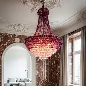Lámpara <span class=keywords><strong>de</strong></span> Cristal Rosa Púrpura <span class=keywords><strong>de</strong></span> Estilo Europeo, Fabricada a Medida, Lámpara Colgante para Escalera, Candelabro para Sala <span class=keywords><strong>de</strong></span> Estar, Piso Central <span class=keywords><strong>de</strong></span> Edificio - Product Image 1