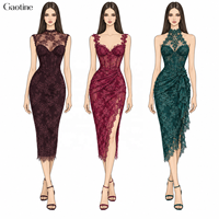 Robe de soirée mi-longue drapée pour femme, sans manches, col montant, en dentelle florale, style corset, pour invitée de mariage, personnalisable OEM ODM, vente en gros