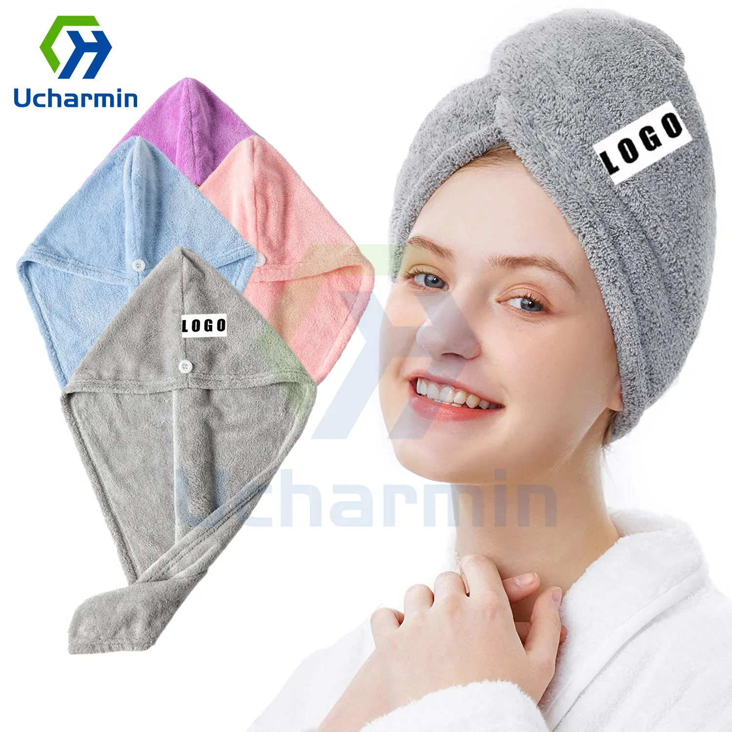 Ucharmin Goedkope Groothandel Sneldrogende Microfiber Haar Handdoek Custom Logo Haar Handdoek Wrap Haar Tulband Voor Meisje Vrouwen