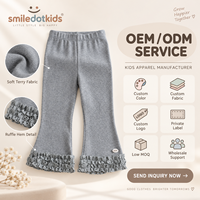 Pantalon évasé personnalisé Smiledotkids pour enfants, gris côtelé, ourlet à volants, taille élastique, OEM ODM, vente en gros pour petites filles