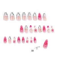 Faux ongles à presser romantiques roses en acrylique certifiés CE, motif fleur 3D, forme amande moyenne, rayures zébrées, perles dorées, French manucure brillante, vente en gros