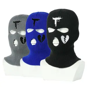 Topi Balaclava Ninja Rajutan Musim Dingin Masker Wajah Penuh Ski 3 Lubang Akrilik Logo Bordir Kustom