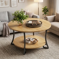 Table basse ronde à 2 niveaux avec plateau en bois et structure en métal, table basse moderne industrielle pour salon