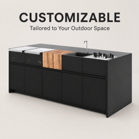 Îlot de cuisine extérieur modulaire en acier inoxydable avec barbecue à gaz intégré, plancha, évier, plan de travail en bois massif et station de cuisson pour patio et jardin