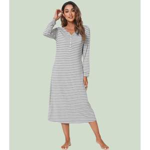 Vente en gros de chemises de nuit pour femmes à manches longues et col en V, vêtements de nuit doux en viscose de bambou avec poches, tailles S à XXL - Product Image 2