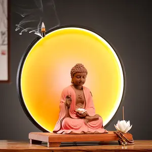 Große Figur des Buddha Wasserfall Rückfluss Rückfluss brenner Halter Keramik LED Licht Weihrauch brenner